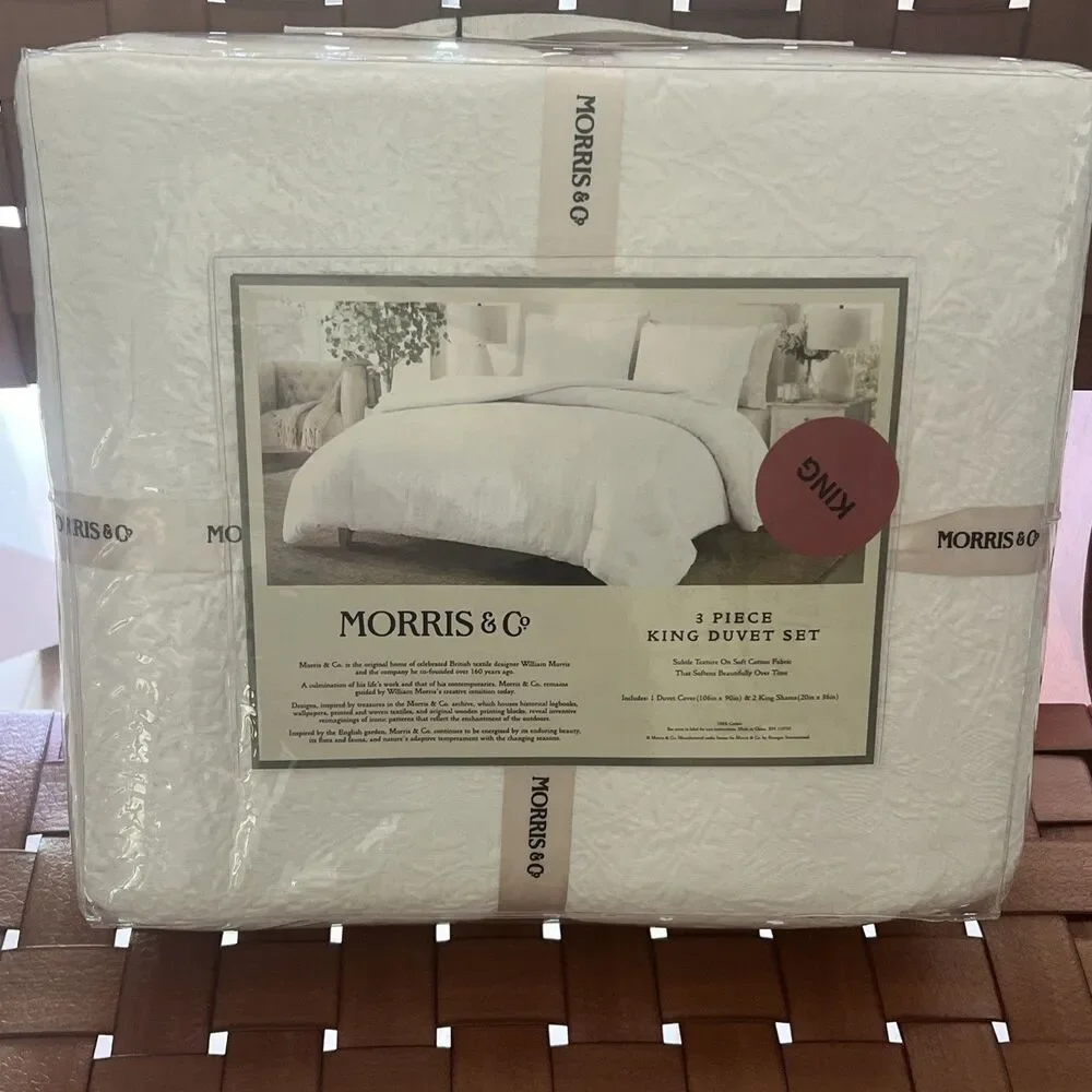 MORRIS & CO Cream White Cotton FLORAL MATELASSE KING DUVET Set 3PC New
